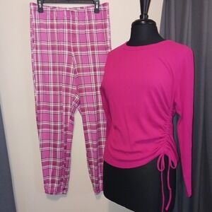 A New Day Pink Ribbed Ruched Top L Plaid Jogger M Pajama Set Pjs
